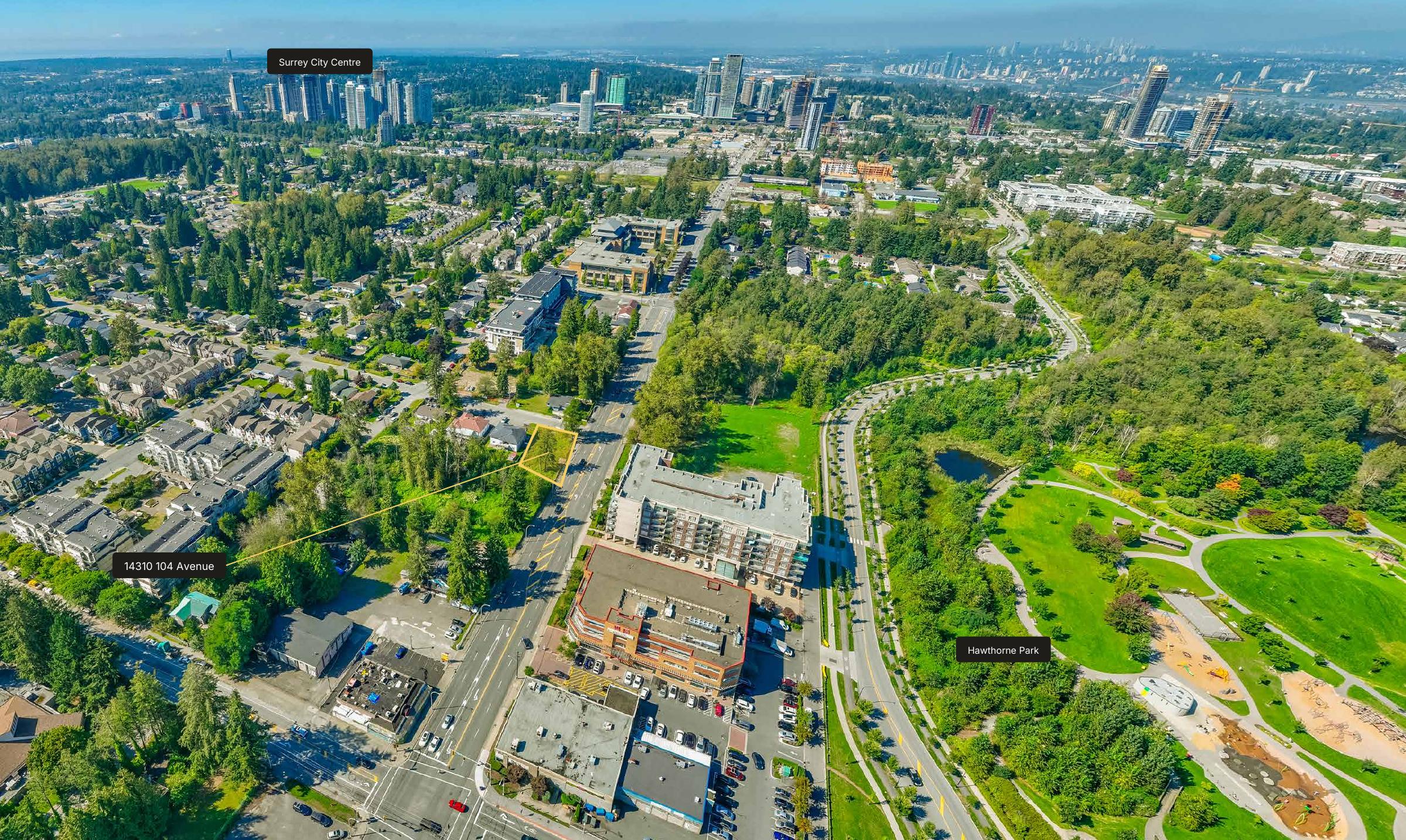 Historical aerial towards Surrey City Centre and Hawthorne Park, with only 14310 104 Avenue highlighted in gold. Approximate outline, not a legal survey.